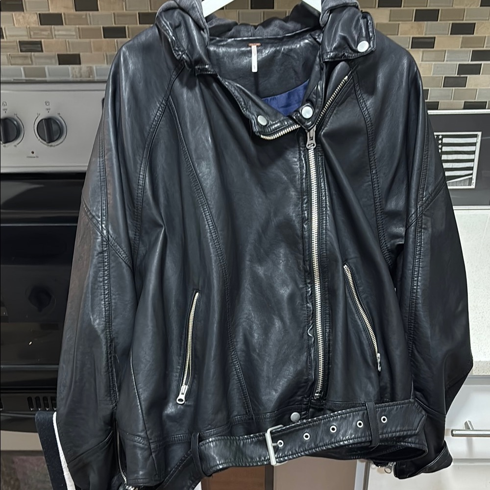 Free People Black Leather Moto Jacket with Hood